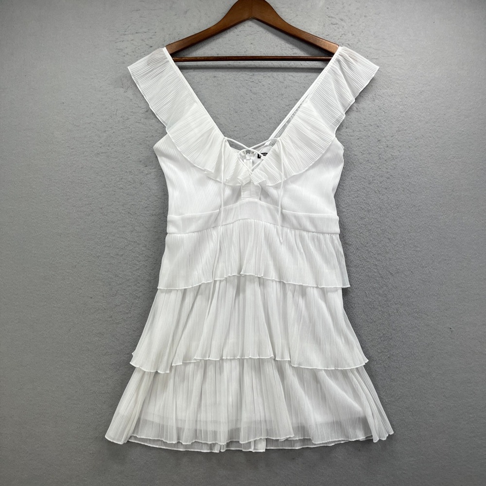 Express Dress Women Medium White Tiered Ruffle Pleated Mini Lace Up V Neck Party